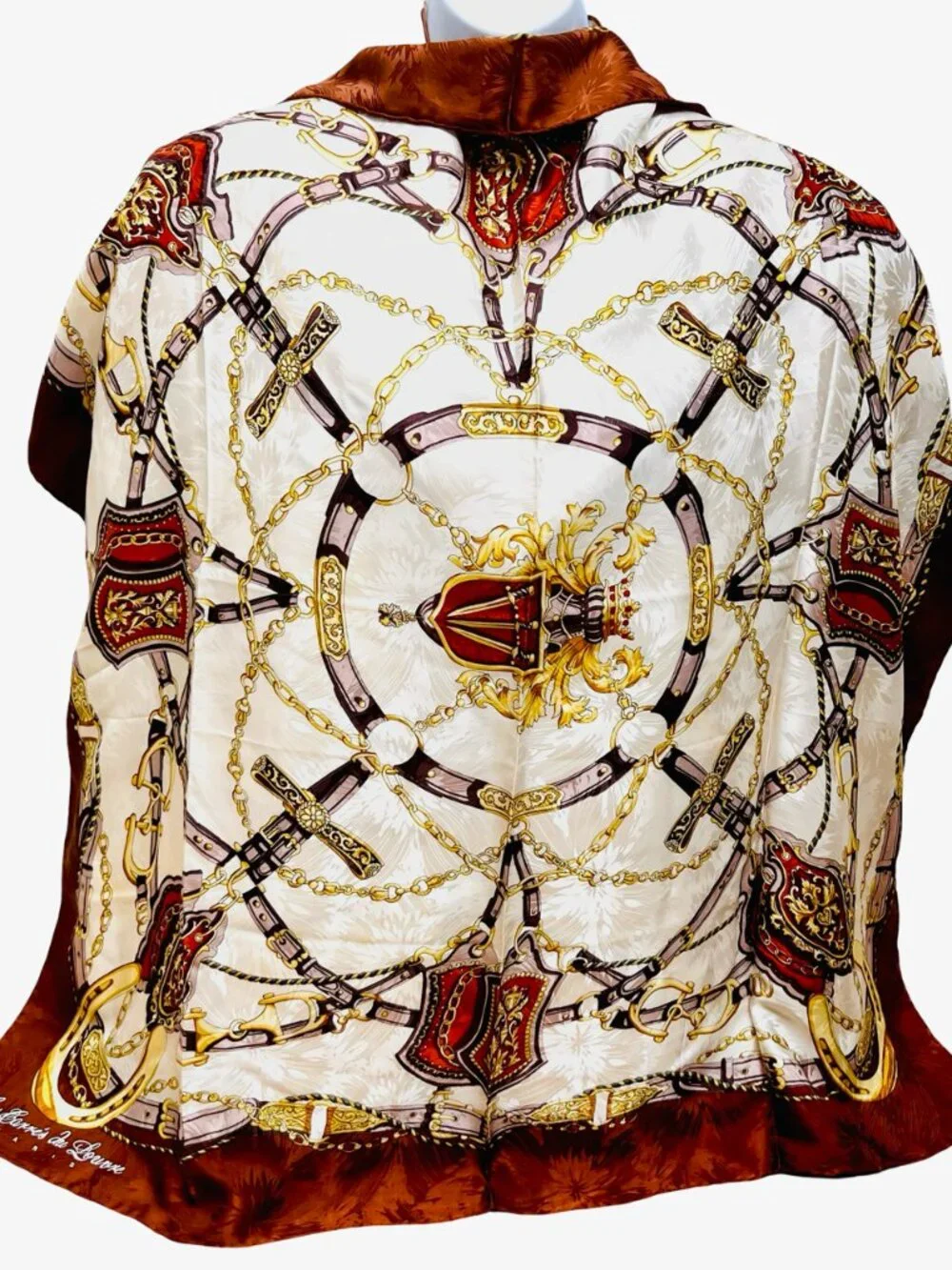 Les Carres du Louvre Paris  Silk Scarf 34" Ivery Brown Burgendy gold chain ( 31) - Picture 13 of 15